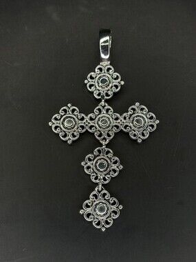 Premier Designs Silver Tone Ornate Crystal Cross Magnetic Enhancer Pendant 3.5"